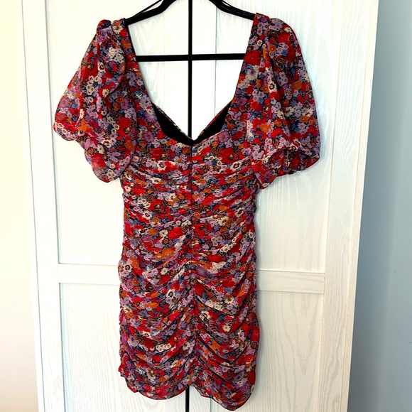 Zara Shirred Floral Print with Gold Accent Thread Mini Dress with Puff Sleeves - Picture 5 of 6